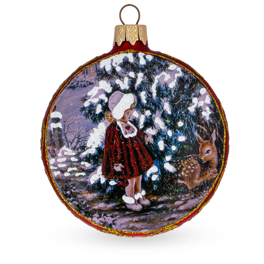 Glass Vintage Style Girl and the Deer Decoupage Mini Glass Christmas Ornament in Multi color Round