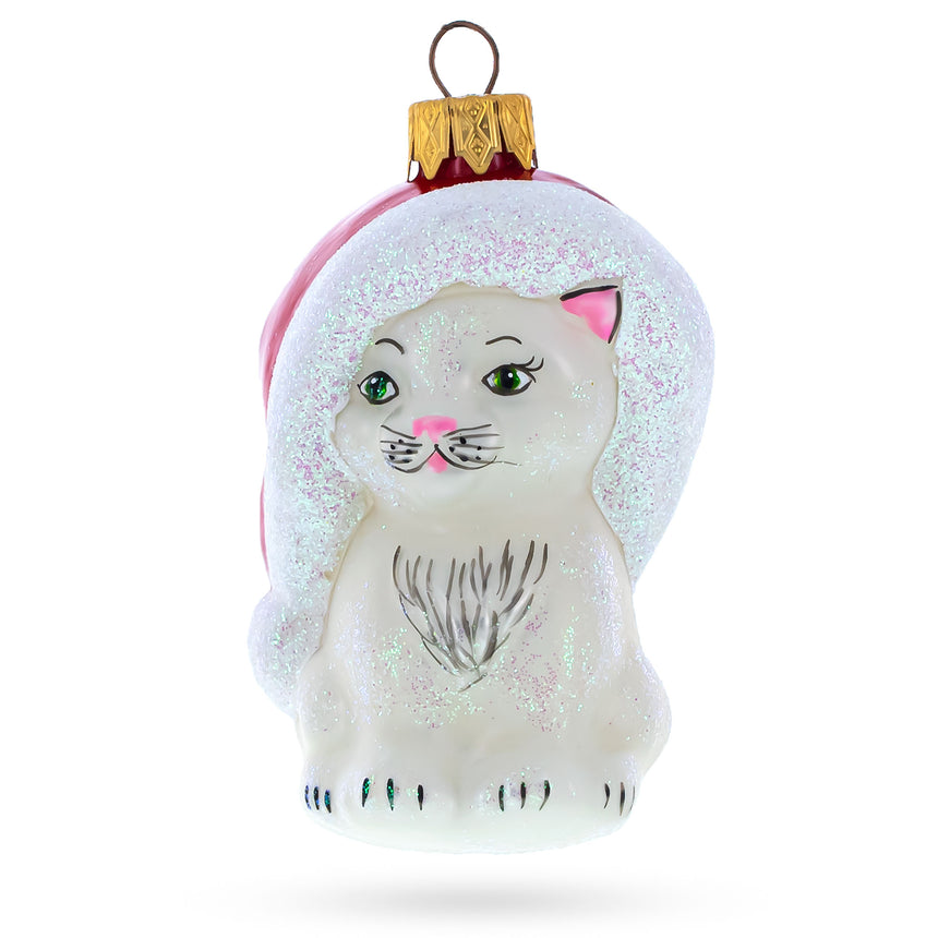 Glass White Cat In Santa Hat Mini Glass Christmas Ornament in White color