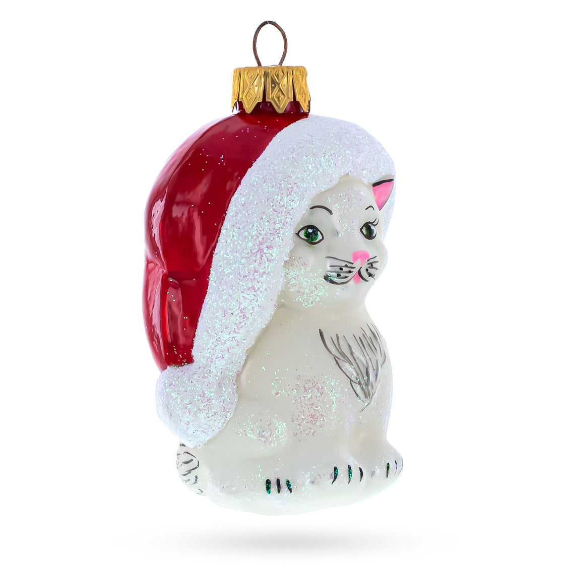 Buy White Cat In Santa Hat Glass Christmas Ornament – BestPysanky