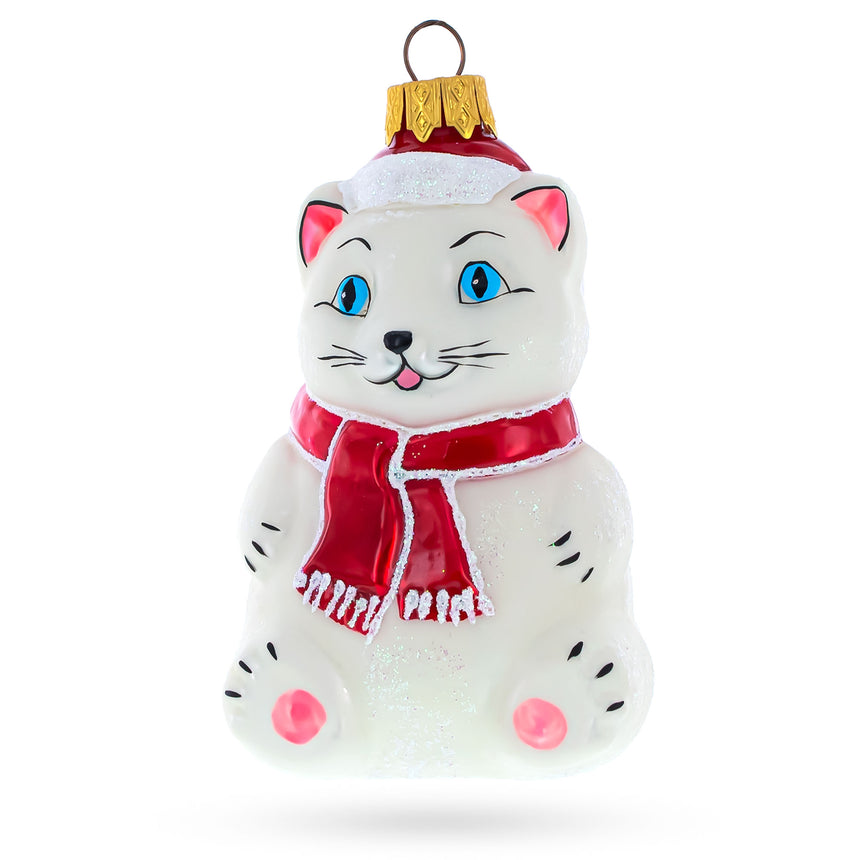 Glass White Cat Wearing Red Scarf Mini Glass Christmas Ornament in White color