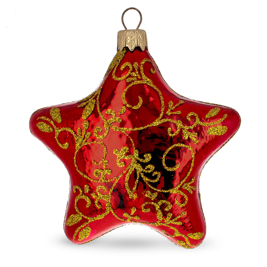 Glass Glossy Red Star with Gold Pattern Mini Glass Christmas Ornament in Red color Star