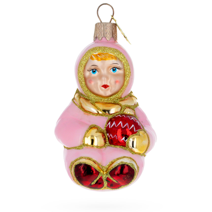 Glass Toddler Girl in Pink Mini Glass Christmas Ornament in Pink color