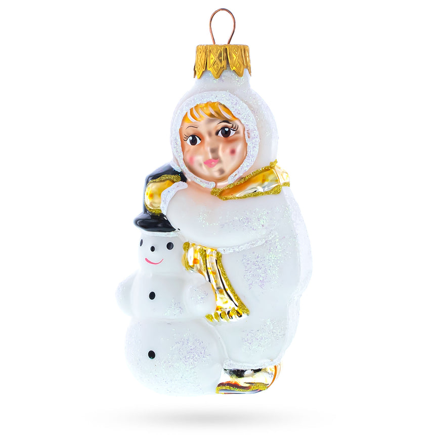 Glass Toddler Hugging Snowman Mini Glass Christmas Ornament in White color