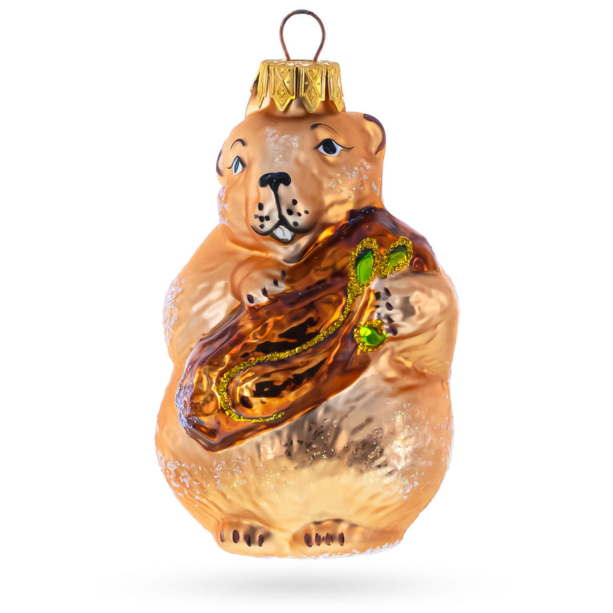 Glass Otter Holding a Log Mini Glass Christmas Ornament in Brown color