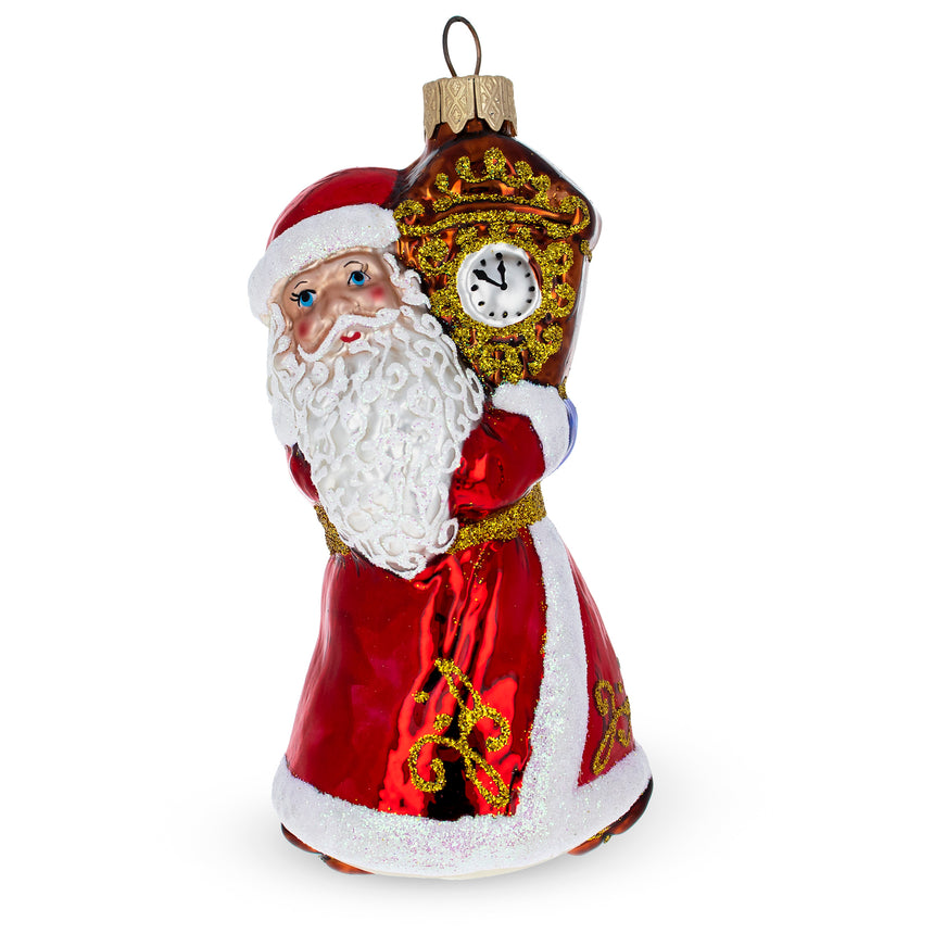 Glass Santa with Clock Mini Glass Christmas Ornament in Red color