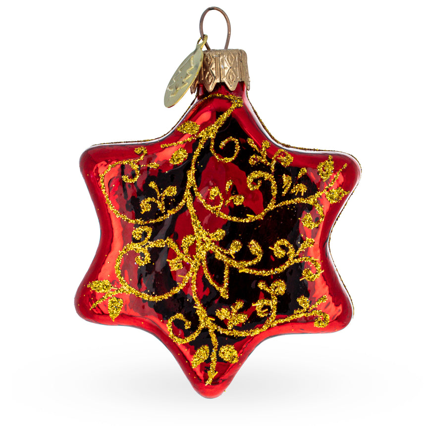 Glass Glossy Red Hexagon with Golden Pattern Mini Glass Christmas Ornament in Red color Star