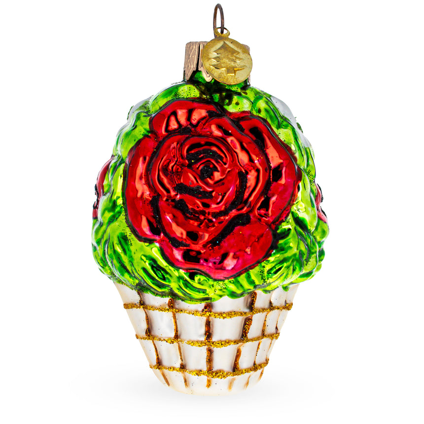 Glass Red Flowers in White Basket Mini Glass Christmas Ornament in Red color