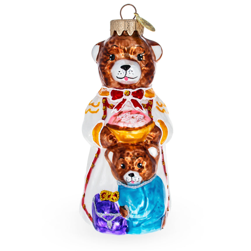 Glass Mother Bear and Cub in Traditional Dress Mini Glass Christmas Ornament in Brown color