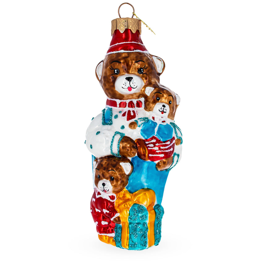 Glass Father Bear with Cubs in Traditional Dress Mini Glass Christmas Ornament in Brown color