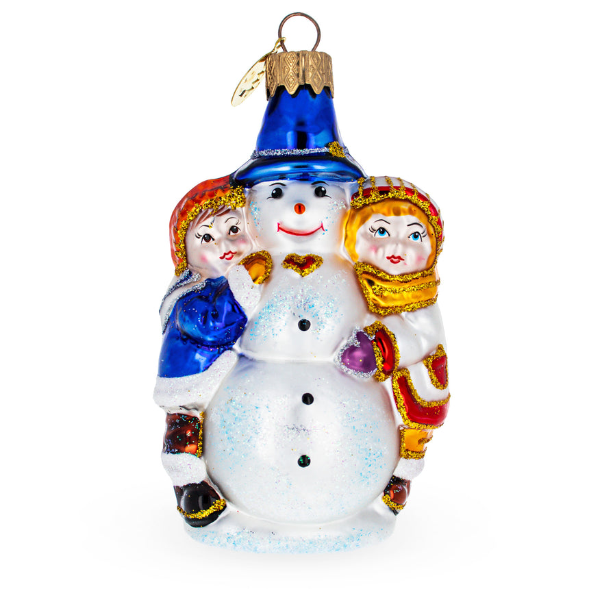 Glass Kids Making Snowman Mini Glass Christmas Ornament in White color