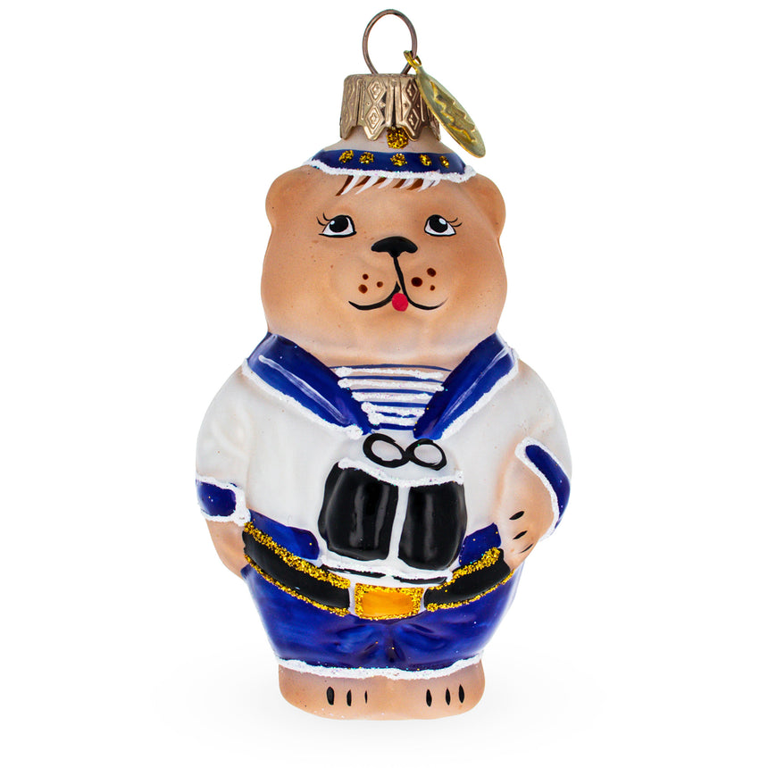 Glass Bear the Sailor Mini Glass Christmas Ornament in Blue color