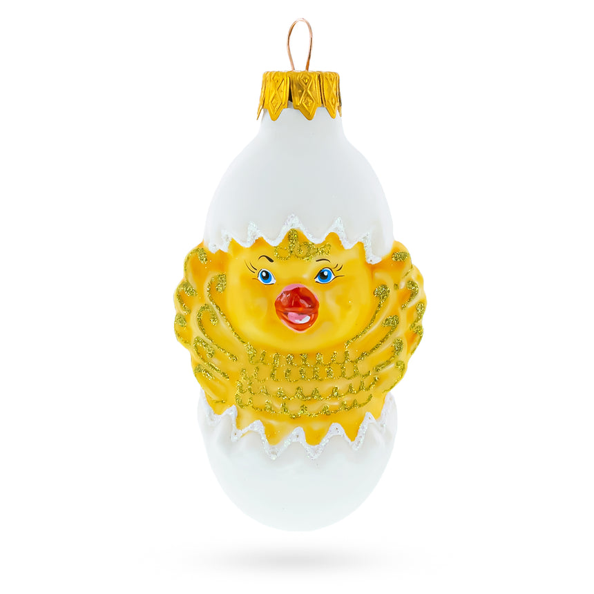 Glass Baby Chick in Egg Mini Glass Christmas Ornament in Yellow color