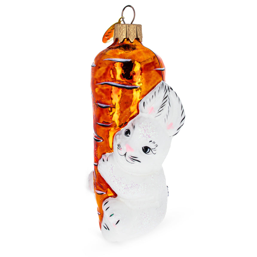 Glass Bunny with Carrot Mini Glass Christmas Ornament in Orange color