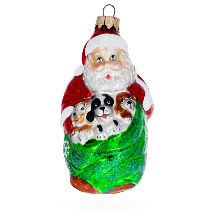 Glass Santa with 3 Puppies Mini Glass Christmas Ornament in Red color