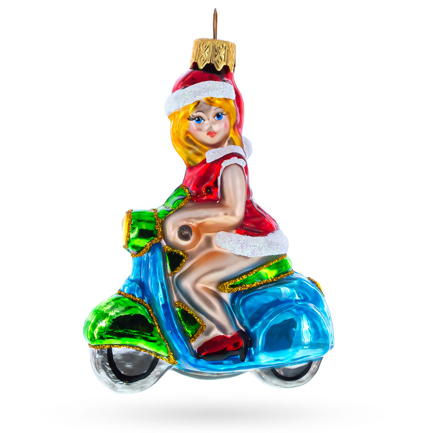 Glass Girl Riding Scooter Mini Glass Christmas Ornament in Multi color