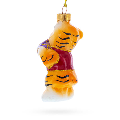 Tiger Cub with Ball Mini Glass Christmas OrnamentUkraine ,dimensions in inches: 4.3 x 1.8 x 1.5