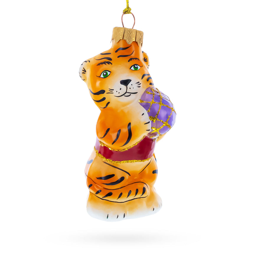 Glass Tiger Cub with Ball Mini Glass Christmas Ornament in Orange color