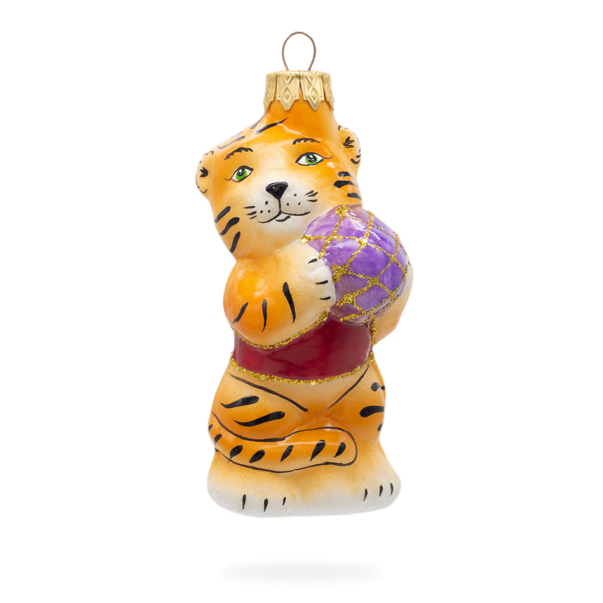 Glass Tiger Cub with Ball Mini Glass Christmas Ornament in Orange color