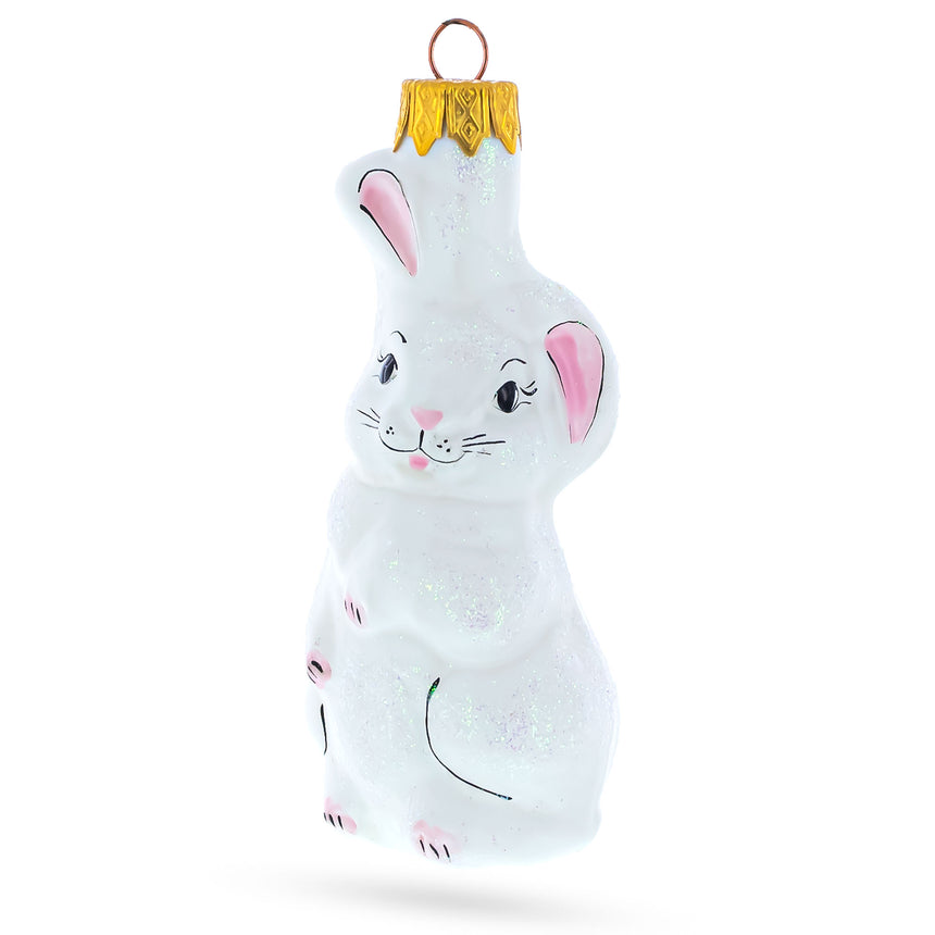 Glass White Bunny Mini Glass Christmas Ornament in White color