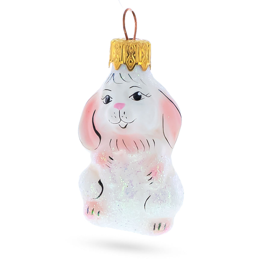 Glass Sparkling White Bunny Mini Glass Christmas Ornament in White color