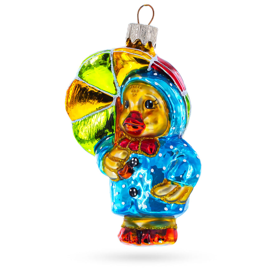 Glass Duckling Wearing Raincoat with Umbrella Mini Glass Christmas Ornament in Multi color