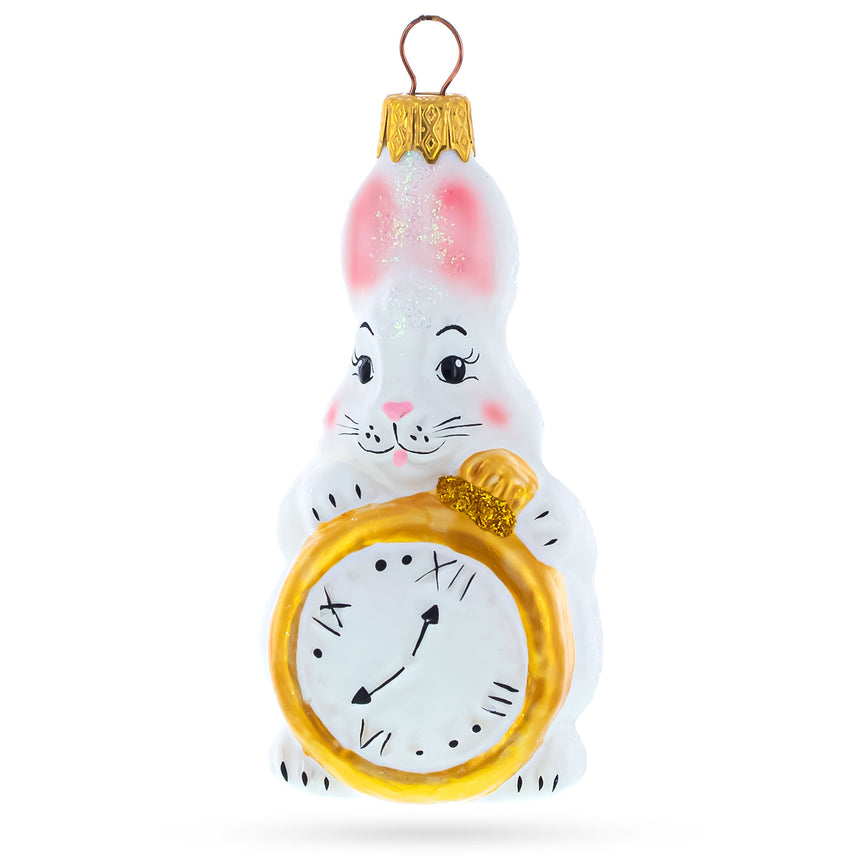 Glass Bunny with Pocket Watch Mini Glass Christmas Ornament in White color