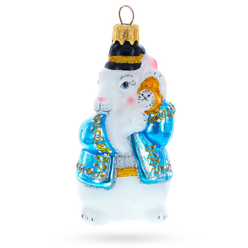 Glass The White Rabbit Holding Watch Mini Glass Christmas Ornament in Multi color