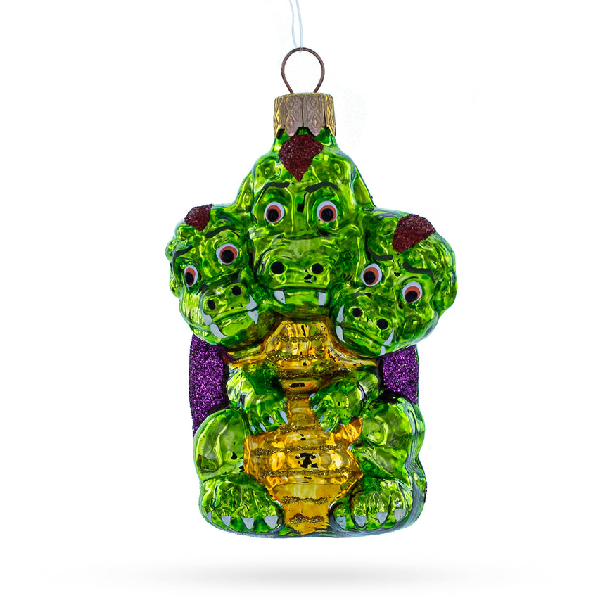 Glass Three Headed Dragon Folk Tale Character Mini Glass Christmas Ornament in Green color