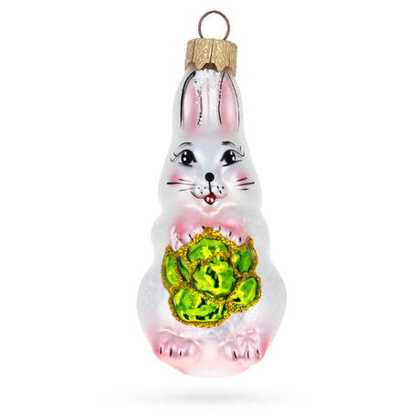 Glass Charming Bunny with Cabbage Glass Christmas Ornament in White color