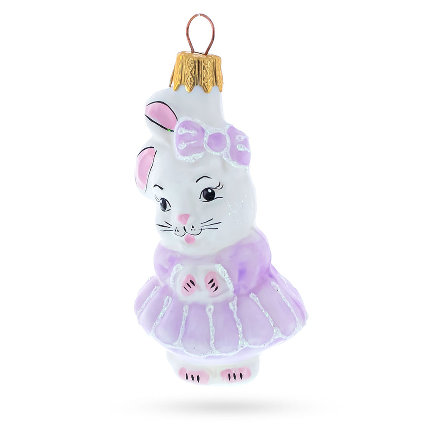 Glass Bunny Girl in Dress Mini Glass Christmas Ornament in White color