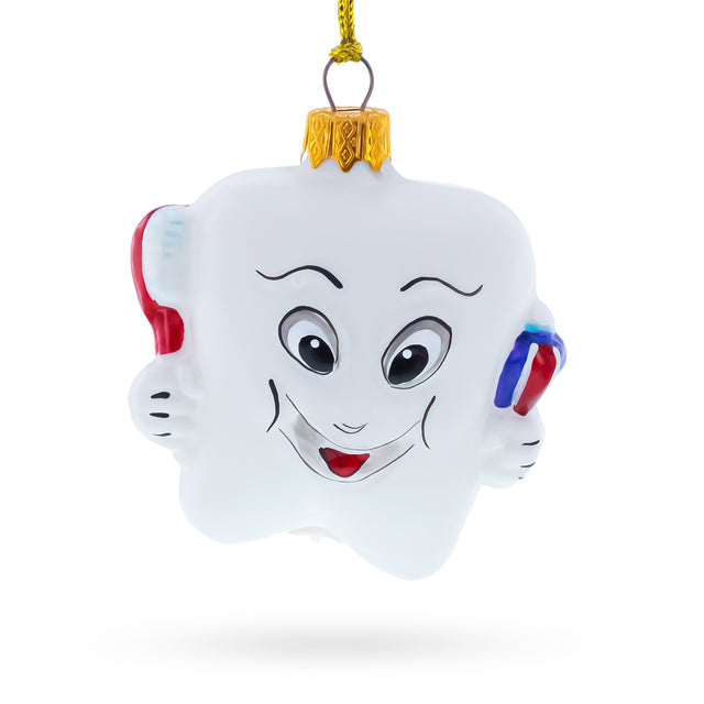 Glass Smiling Tooth with Toothbrush & Toothpaste Dental Mini Glass Christmas Ornament in White color