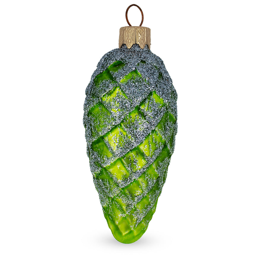 Glass Sparkling Glittered Pinecone Mini Glass Christmas Ornament in Green color