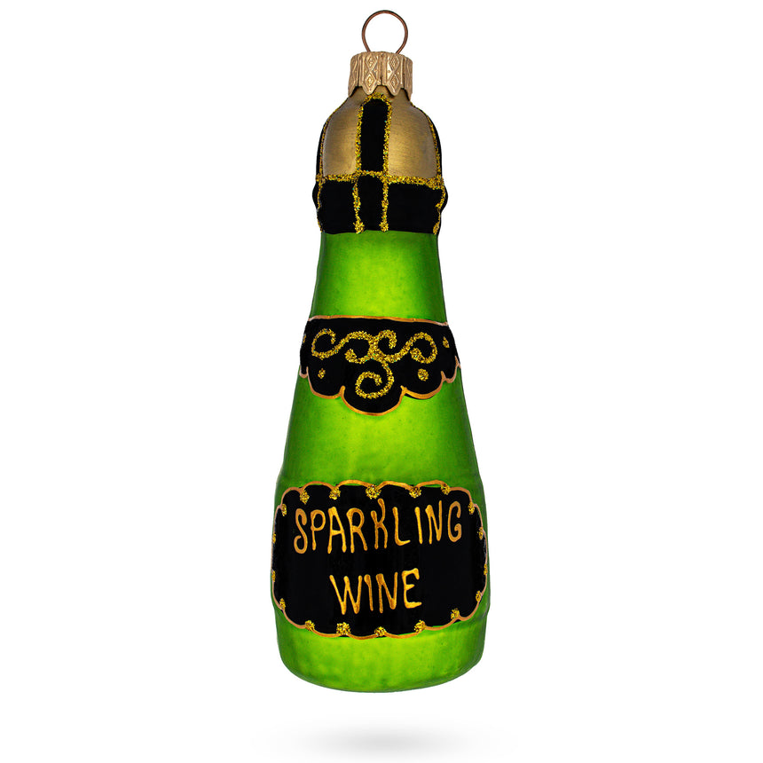 Glass Bottle of Sparkling Wine Champagne Mini Glass Christmas Ornament in Green color