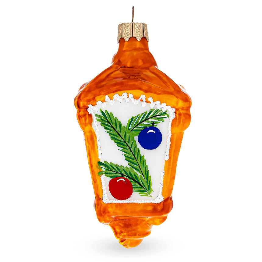 Glass Lantern with Glowing Candles Mini Glass Christmas Ornament in Orange color