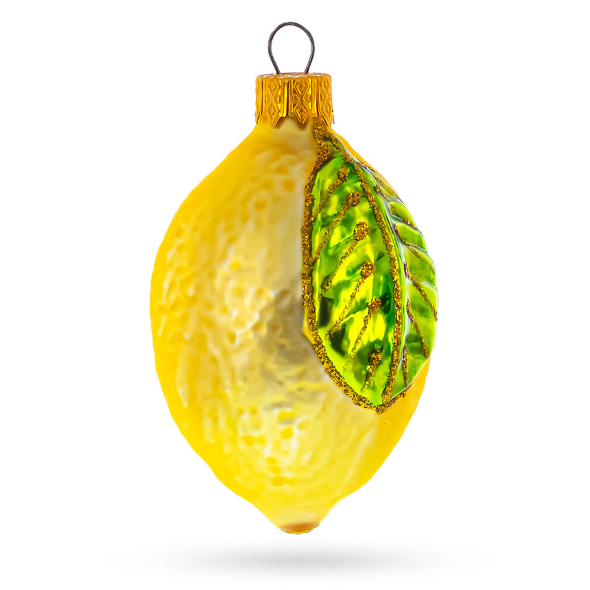 Glass Lemon with Leaf Mini Glass Christmas Ornament in Yellow color Oval