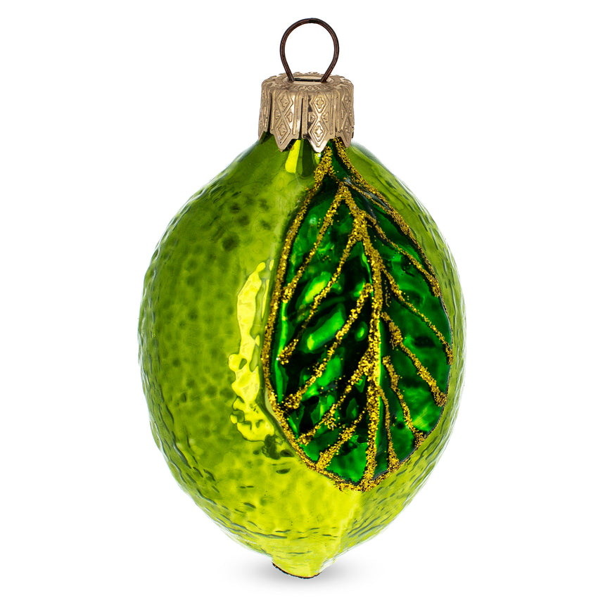 Glass Lime with Shiny Leaf Mini Glass Christmas Ornament in Green color Oval