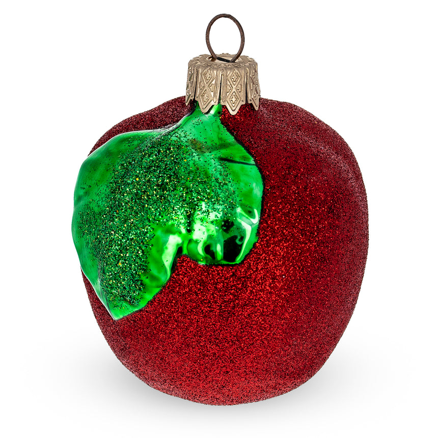 Glass Glittered Red Apple Mini Glass Christmas Ornament in Red color Round