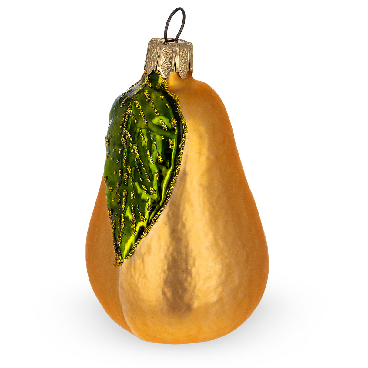 Glass Pear with Shiny Leaf Mini Glass Christmas Ornament in Orange color