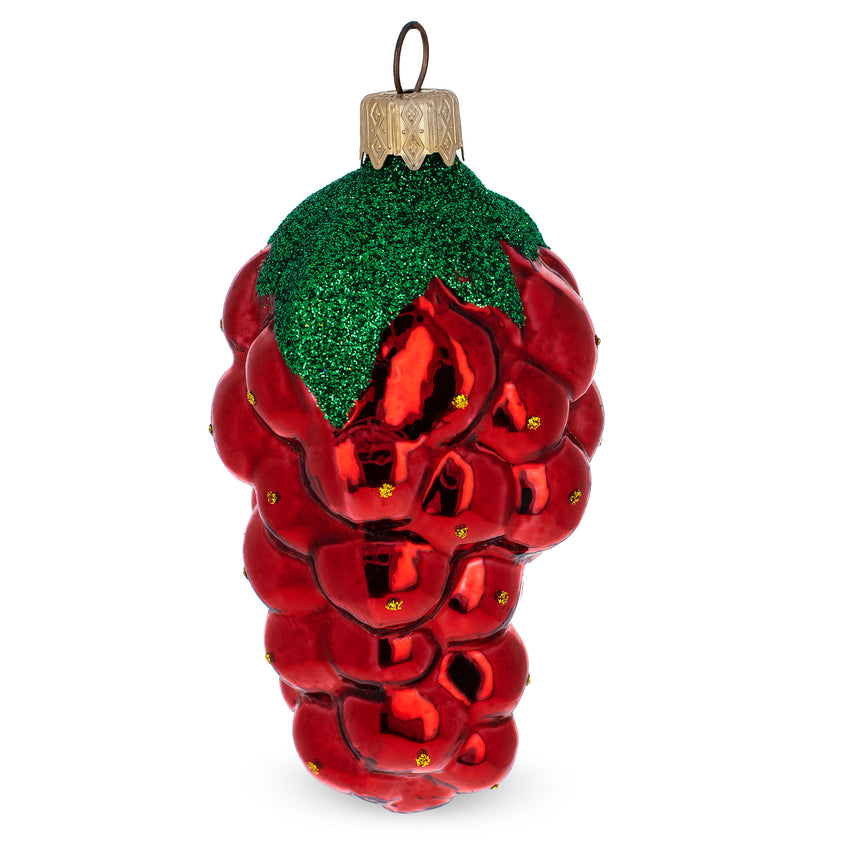 Glass Shiny Grape Cluster with Glittered Leaf Mini Glass Christmas Ornament in Red color