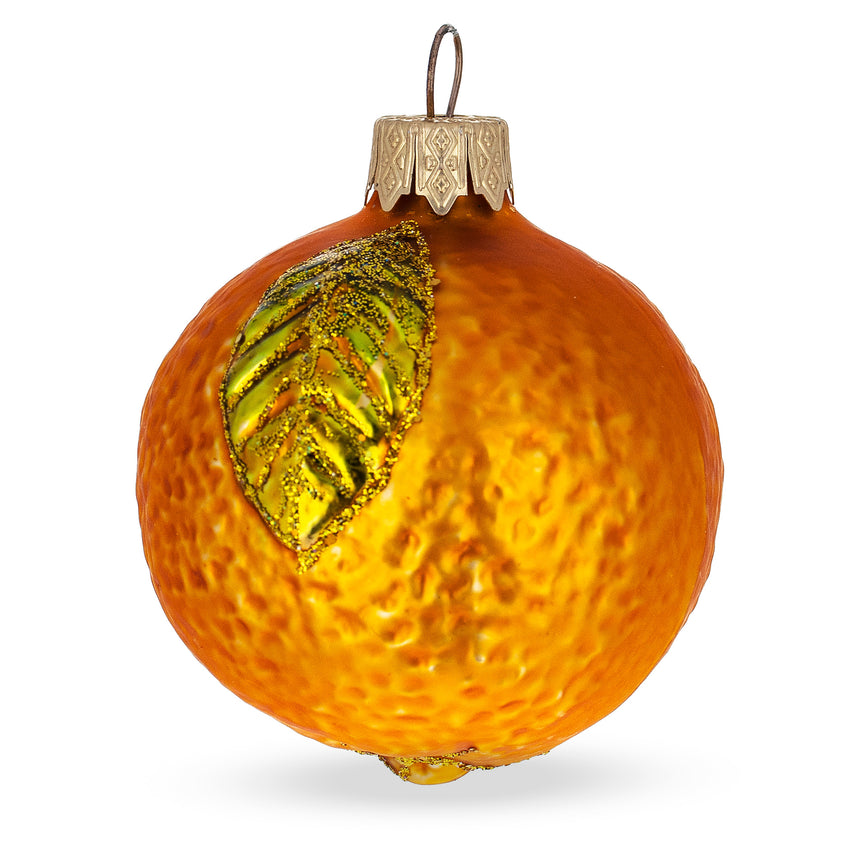 Glass Orange with Shiny Leaf Glass Christmas Ornament 3 Inches in Orange color Round