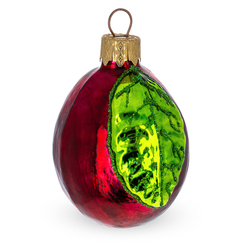 Glass Plum with Shiny Leaf Mini Glass Christmas Ornament in Red color Oval