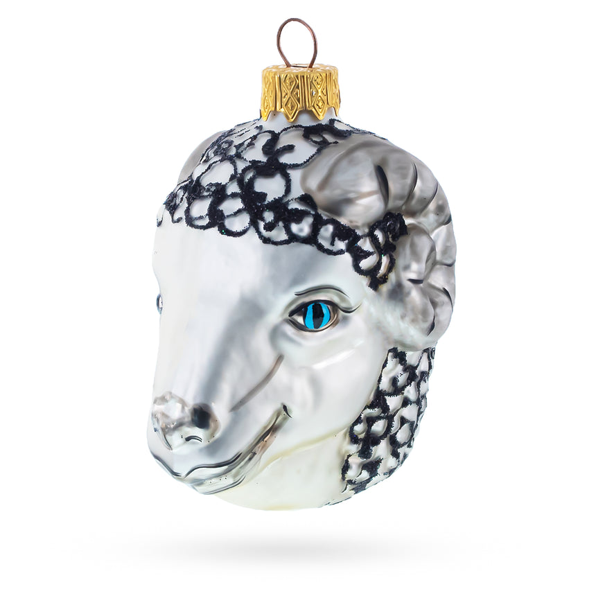 Glass Ram Head Mini Glass Christmas Ornament in Silver color