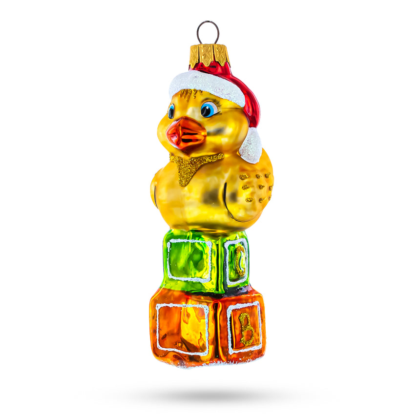 Glass Yellow Duck on Letter Blocks Mini Glass Christmas Ornament in Yellow color