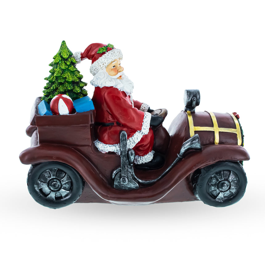 Santa Driving Classic Car with LED Lights Figurine 10.5 Inches Long ,dimensions in inches: 10.5 x 7 x 9.13