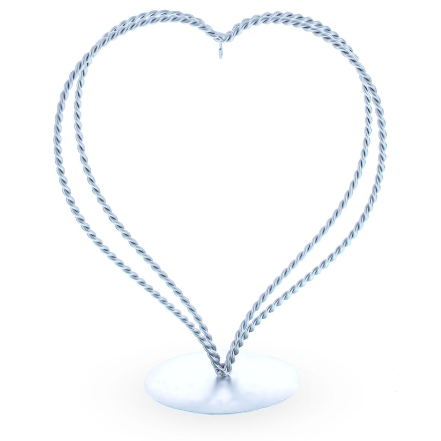 Metal Double Swirled Heart Silver Metal Round Base Ornament Display Stand 7.25 Inches in Silver color