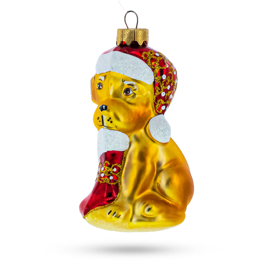 Glass Dog Holding Stocking Mini Glass Christmas Ornament in Multi color