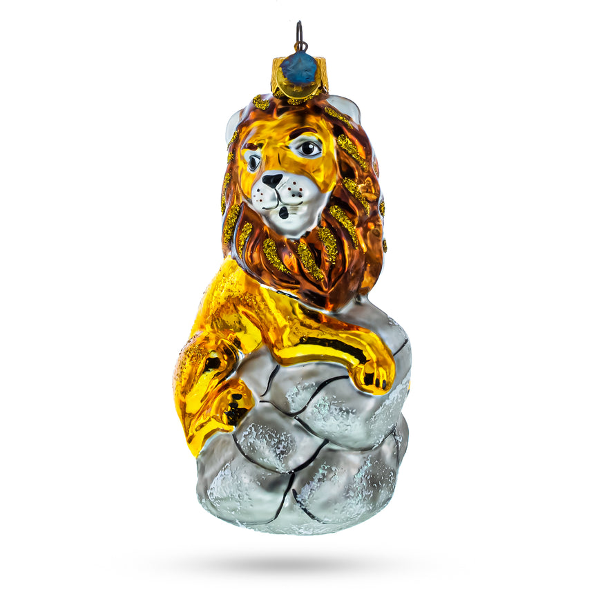 Glass Lion Sitting on The Rock Mini Glass Christmas Ornament in Yellow color