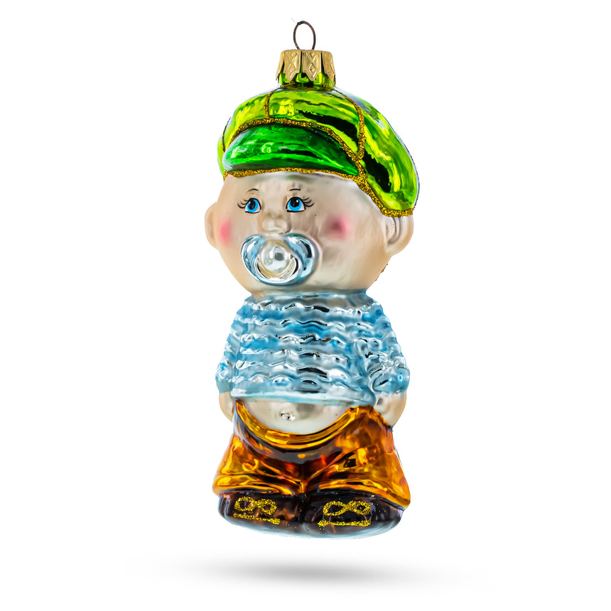 Glass Toddler Boy With Pacifier Mini Glass Christmas Ornament in Multi color