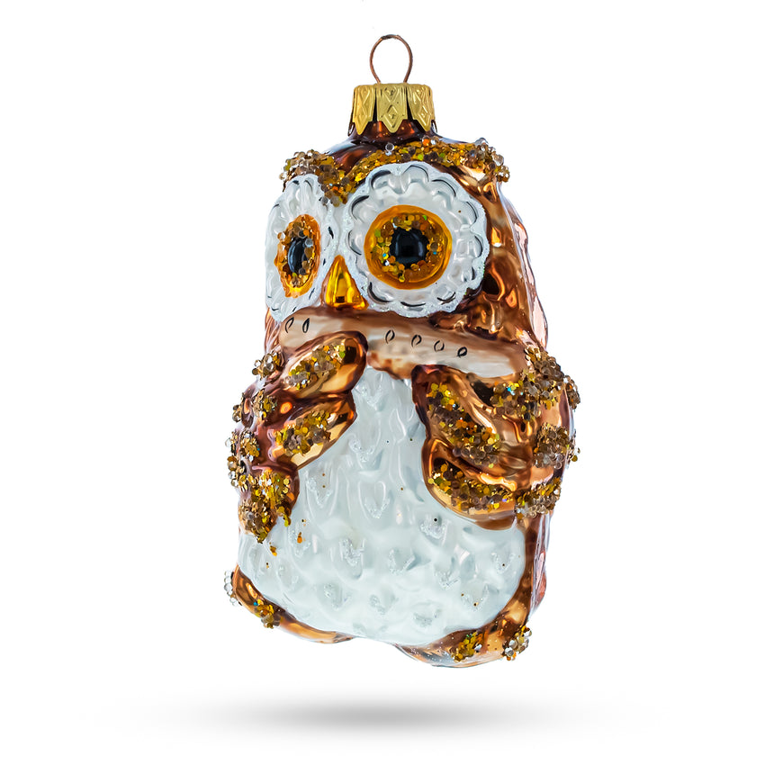 Glass Owl Playing Harmonica Mini Glass Christmas Ornament in Brown color