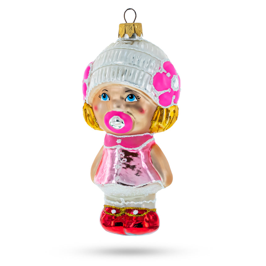 Glass Toddler Girl With Pacifier Mini Glass Christmas Ornament in Pink color